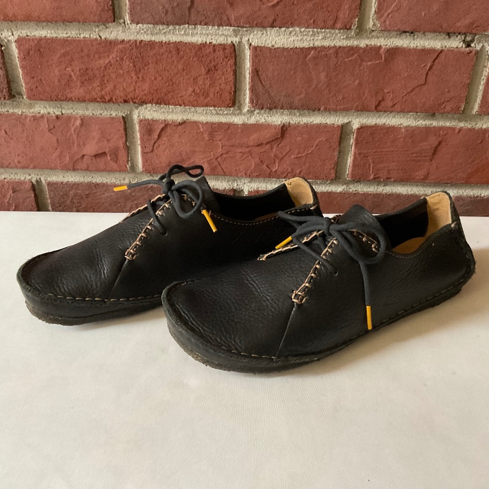 Clarks Janey Mae Black Leather Lace-Up Oxford Comfort Shoes Women’s US 9